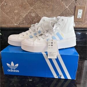 adidas Women's White High-Top Sneakers with Light Blue Accents